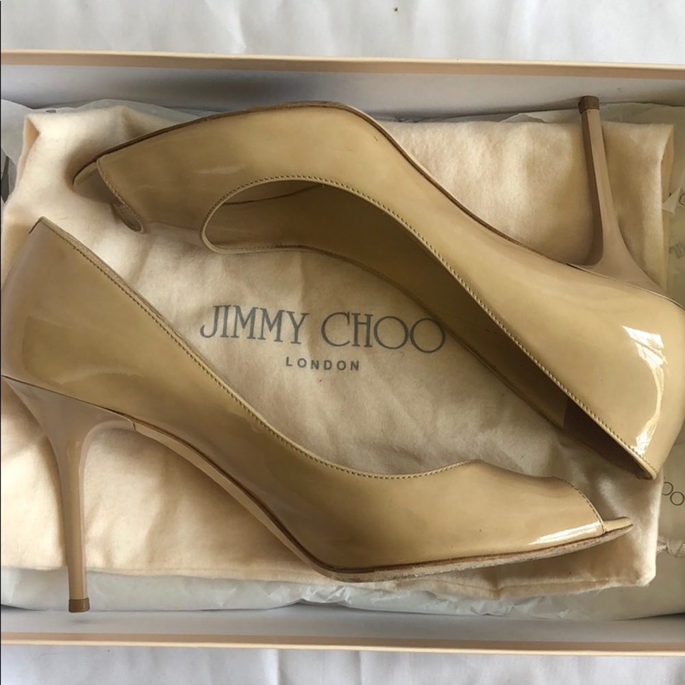 Jimmy Choo Nude Patent Peep Toe Pumps